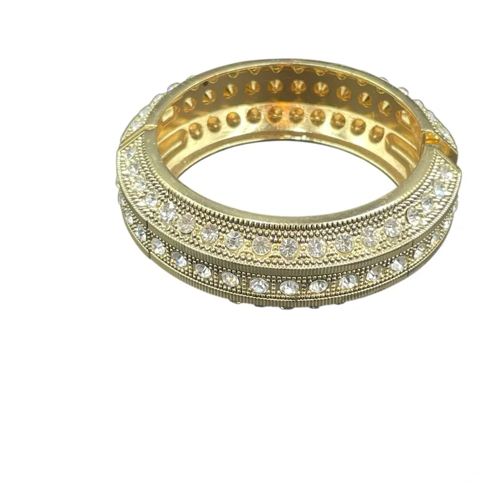 Elegant Gold and Crystal Thick Hinged Bangle Bracelet - Picture 3 of 4